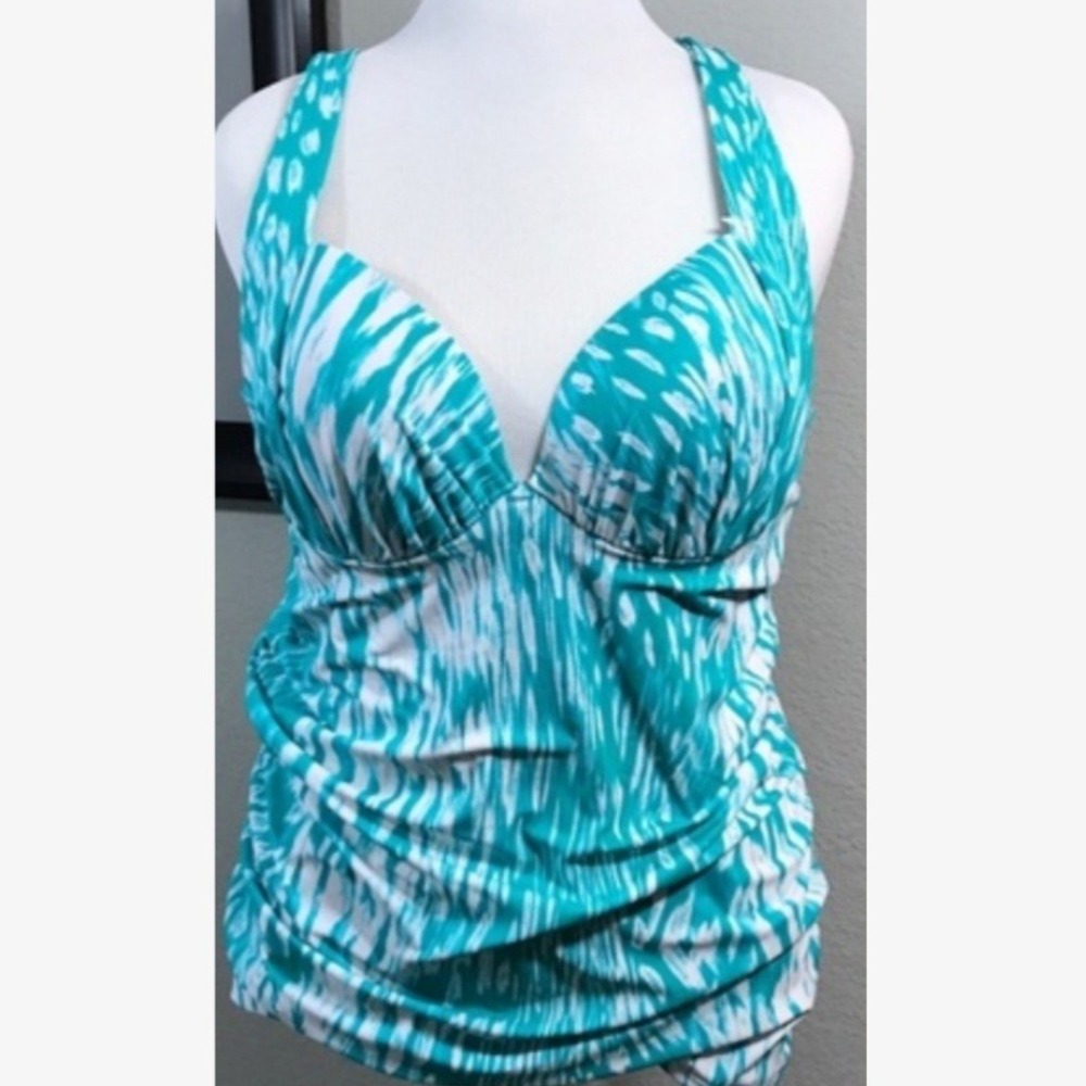 Lane Bryant Cacique Swim Plunge Bra Tankini Swimsuit Top 40DD Turquoise & White